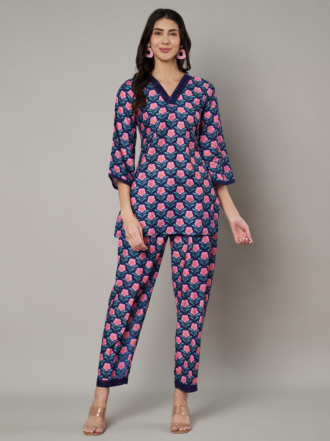 Women's Floral Printed V Neck Co-ord Set