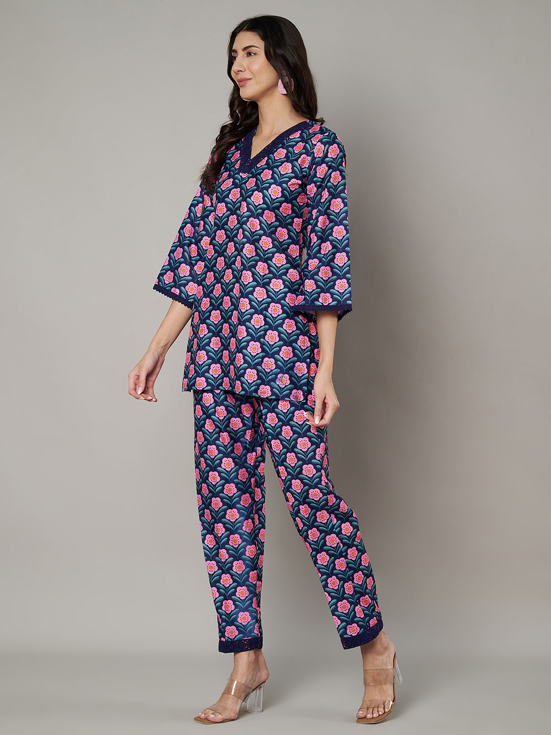 Women's Floral Printed V Neck Co-ord Set