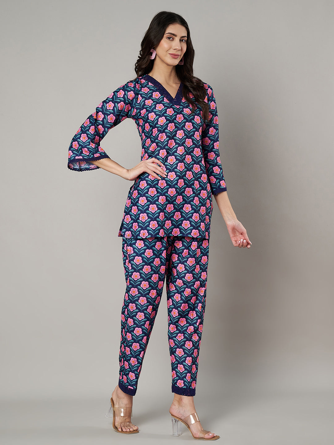 Women's Floral Printed V Neck Co-ord Set