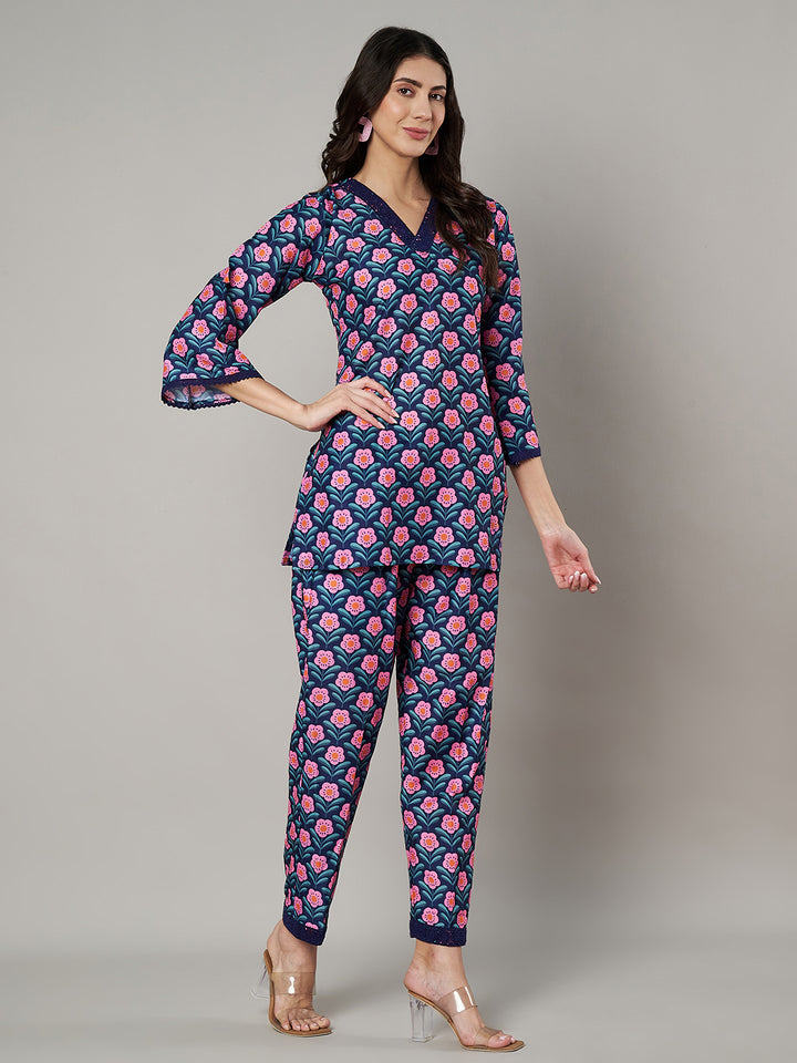 Women's Floral Printed V Neck Co-ord Set