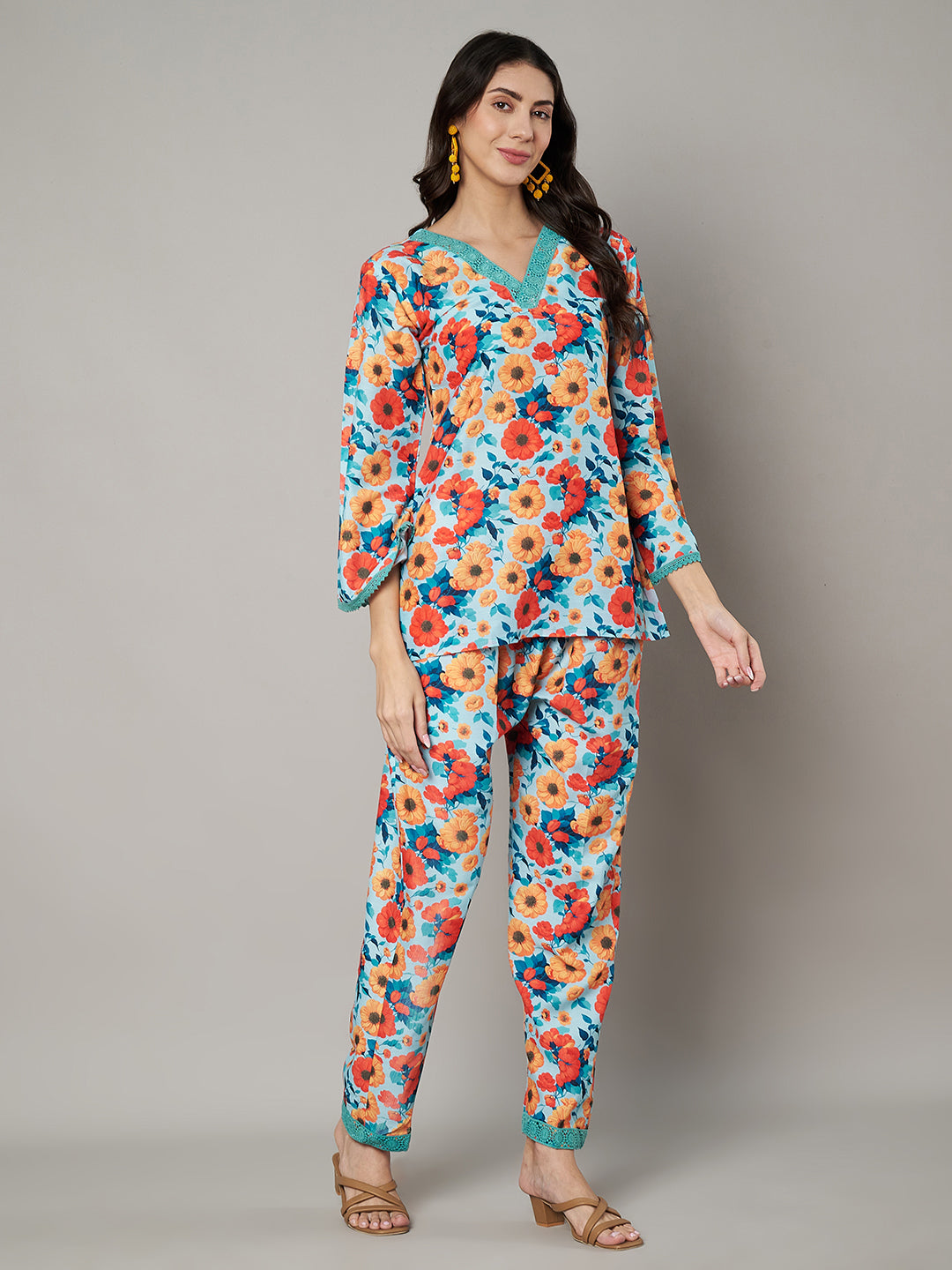 Women's Floral Printed V Neck Co-ord Set