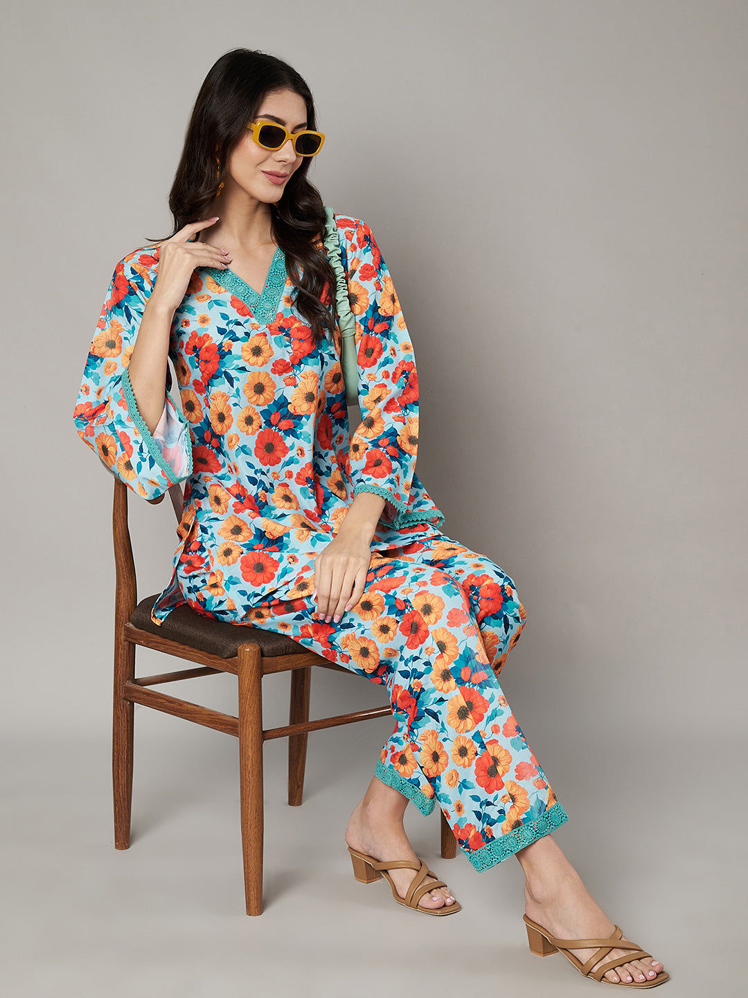 Women's Floral Printed V Neck Co-ord Set