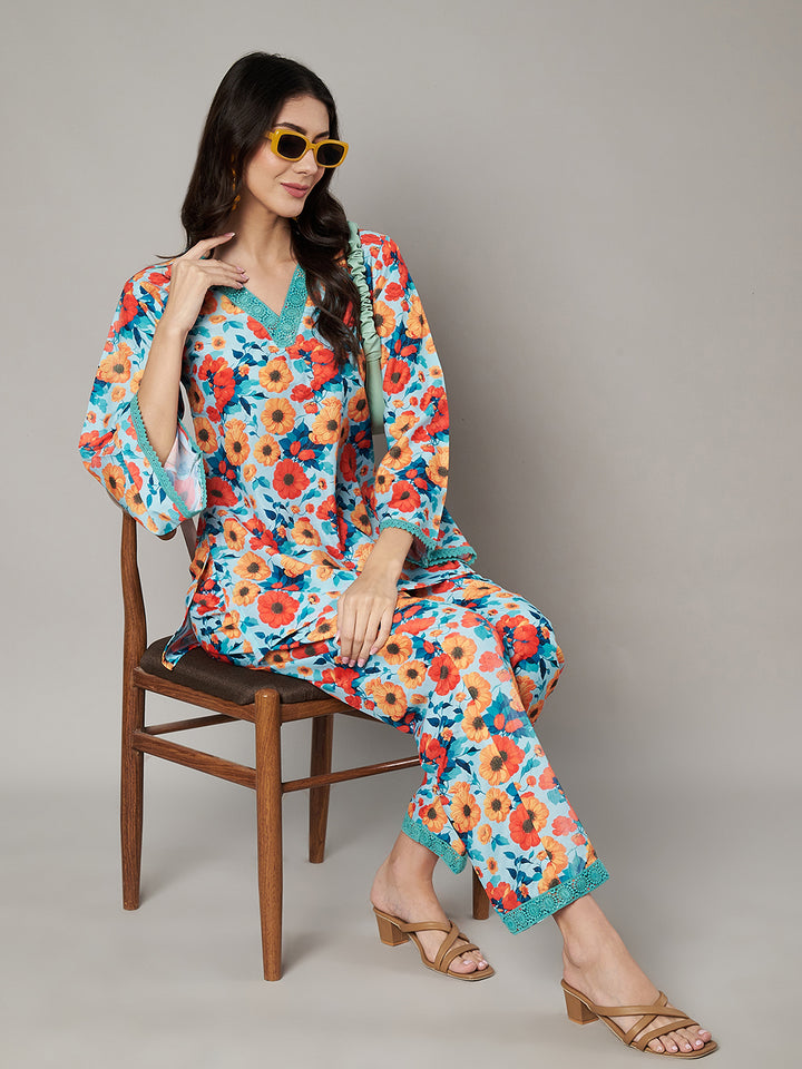 Women's Floral Printed V Neck Co-ord Set