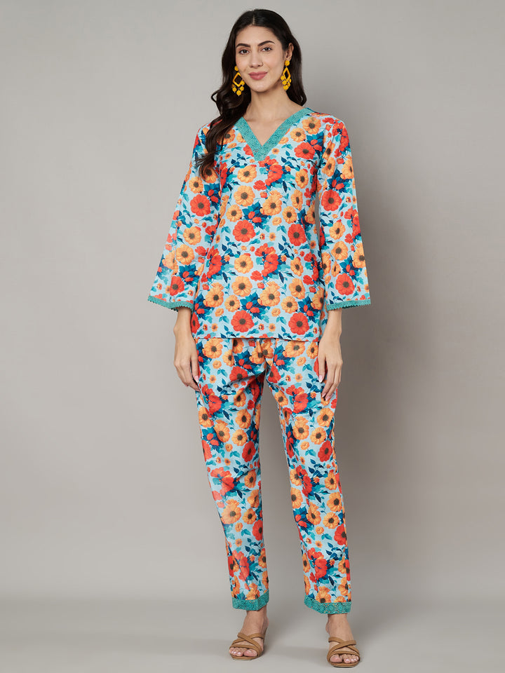 Women's Floral Printed V Neck Co-ord Set