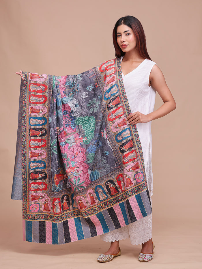Women's Kalamkari Printed Darbar Border and Embroidered Wool Shawl