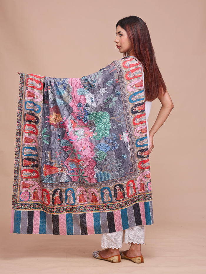 Women's Kalamkari Printed Darbar Border and Embroidered Wool Shawl