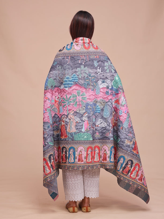 Women's Kalamkari Printed Darbar Border and Embroidered Wool Shawl