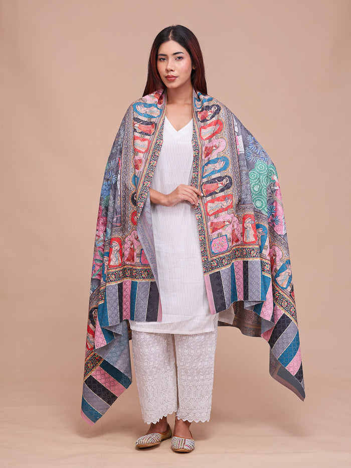 Women's Kalamkari Printed Darbar Border and Embroidered Wool Shawl