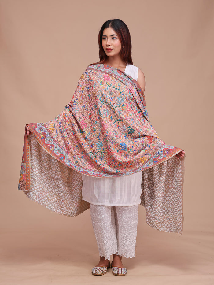 Women's Kalamkari Printed and Embroidered Wool Shawl