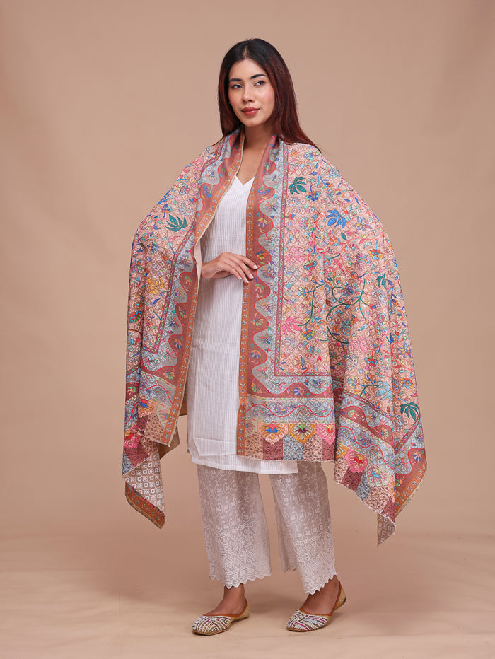Women's Kalamkari Printed and Embroidered Wool Shawl