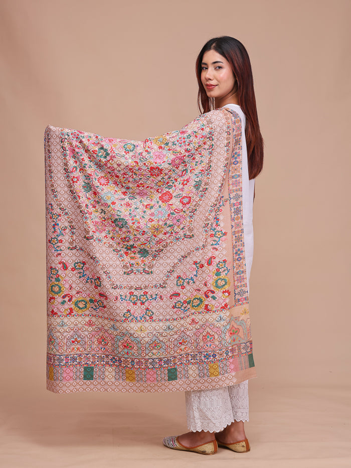 Women's Kalamkari Printed and Embroidered Wool Shawl