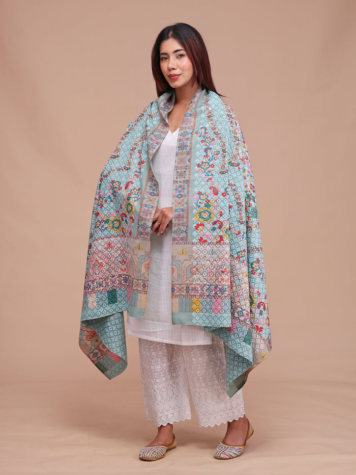 Women's Kalamkari Printed and Embroidered Wool Shawl