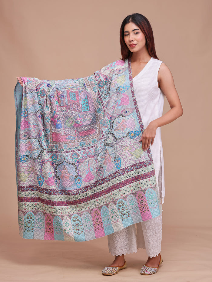 Women's Kalamkari Printed and Embroidered Wool Shawl