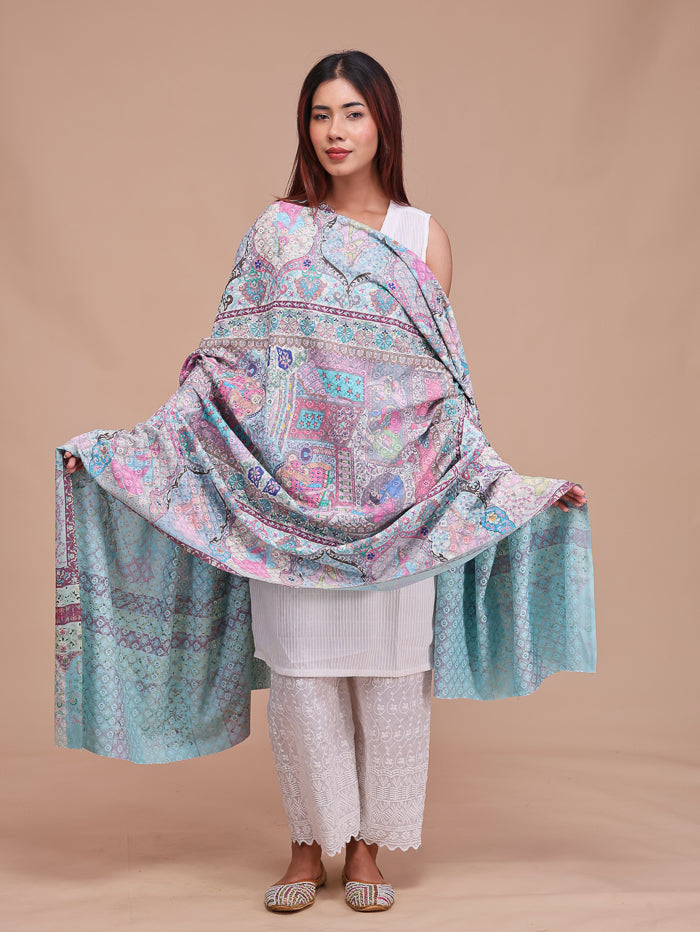 Women's Kalamkari Printed and Embroidered Wool Shawl