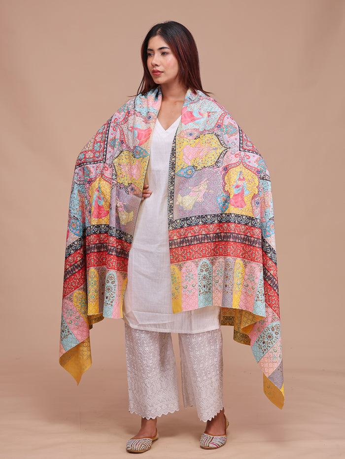 Women's Kalamkari Printed and Embroidered Wool Shawl
