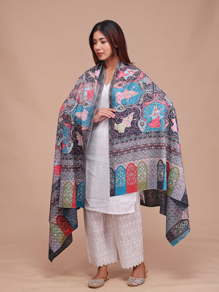 Women's Kalamkari Printed and Embroidered Wool Shawl