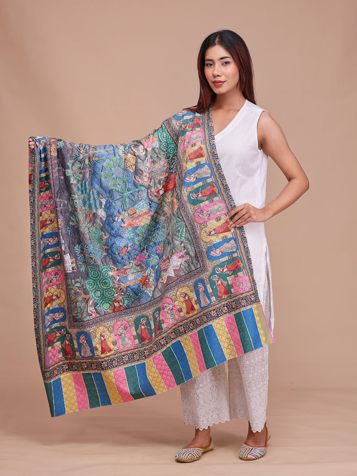 Women's Kalamkari Printed Darbar Border and Embroidered Wool Shawl