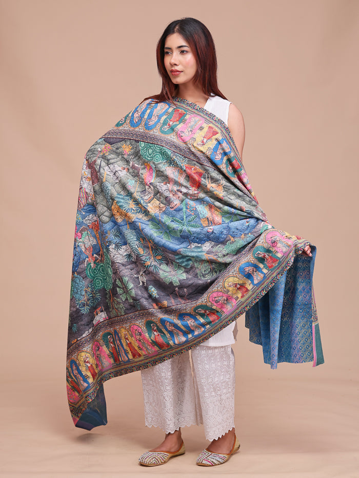 Women's Kalamkari Printed Darbar Border and Embroidered Wool Shawl
