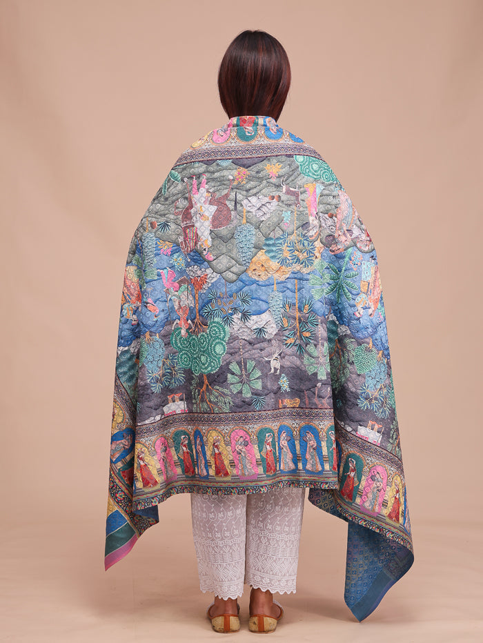 Women's Kalamkari Printed Darbar Border and Embroidered Wool Shawl