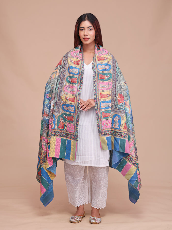Women's Kalamkari Printed Darbar Border and Embroidered Wool Shawl
