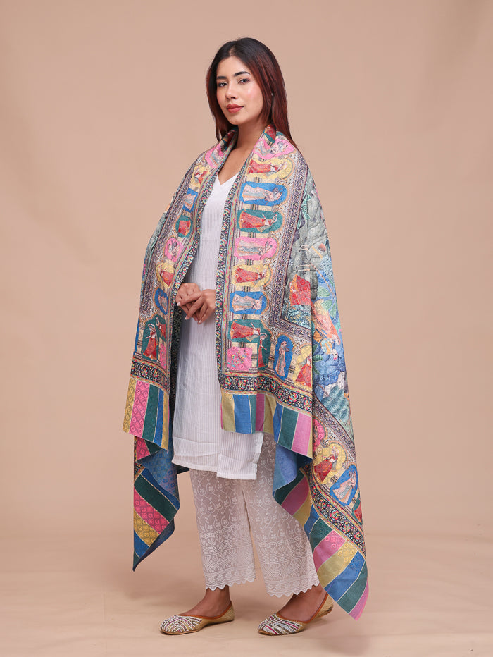 Women's Kalamkari Printed Darbar Border and Embroidered Wool Shawl
