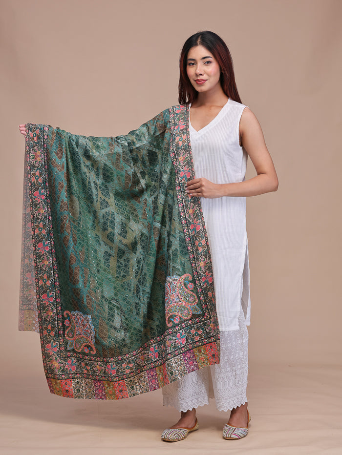 Women's Kalamkari Printed and Embroidered Wool Shawl
