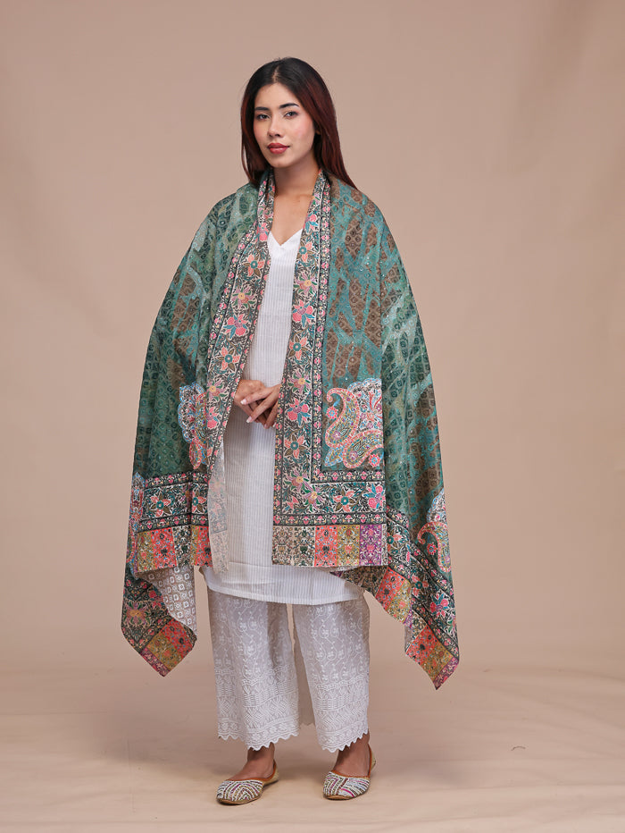 Women's Kalamkari Printed and Embroidered Wool Shawl