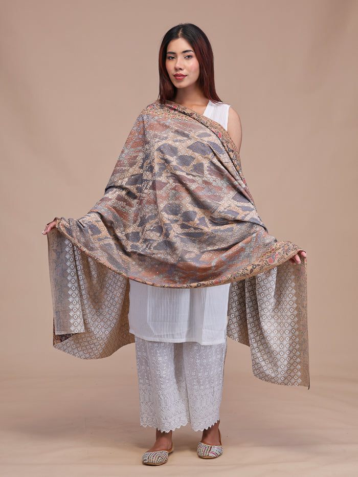 Women's Kalamkari Printed and Embroidered Wool Shawl