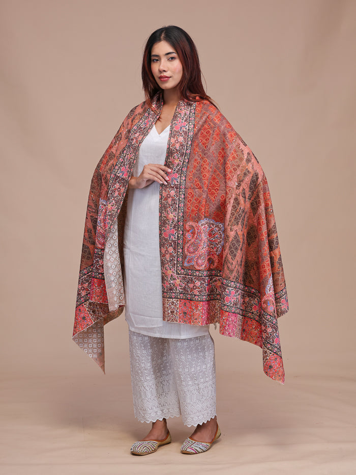 Women's Kalamkari Printed and Embroidered Wool Shawl