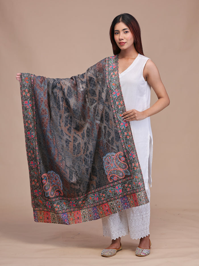 Women's Kalamkari Printed and Embroidered Wool Shawl