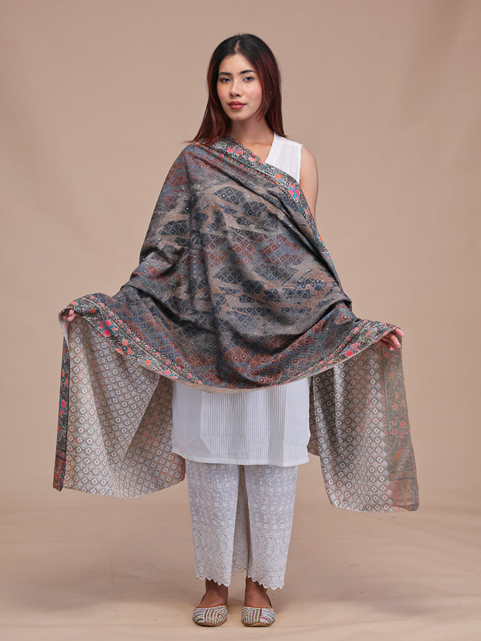 Women's Kalamkari Printed and Embroidered Wool Shawl