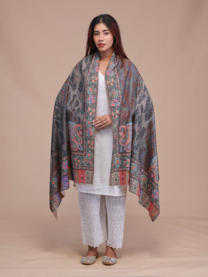 Women's Kalamkari Printed and Embroidered Wool Shawl