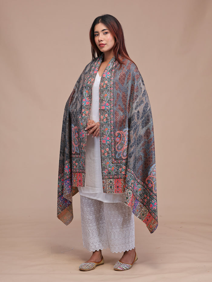 Women's Kalamkari Printed and Embroidered Wool Shawl