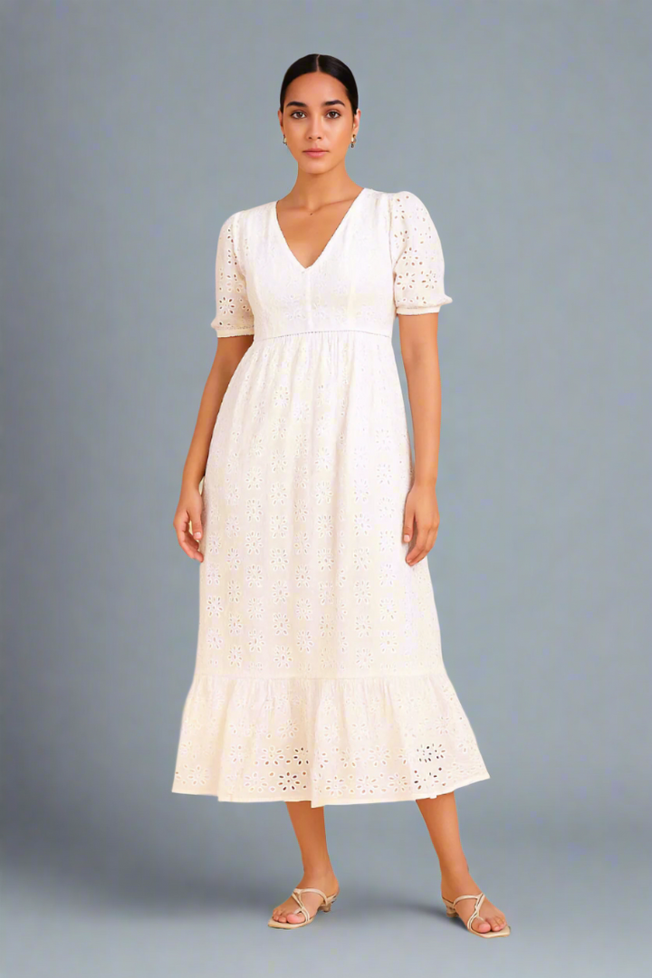 Women's Embroidered Schiffli Puff Sleeve A-Line Midi Dress