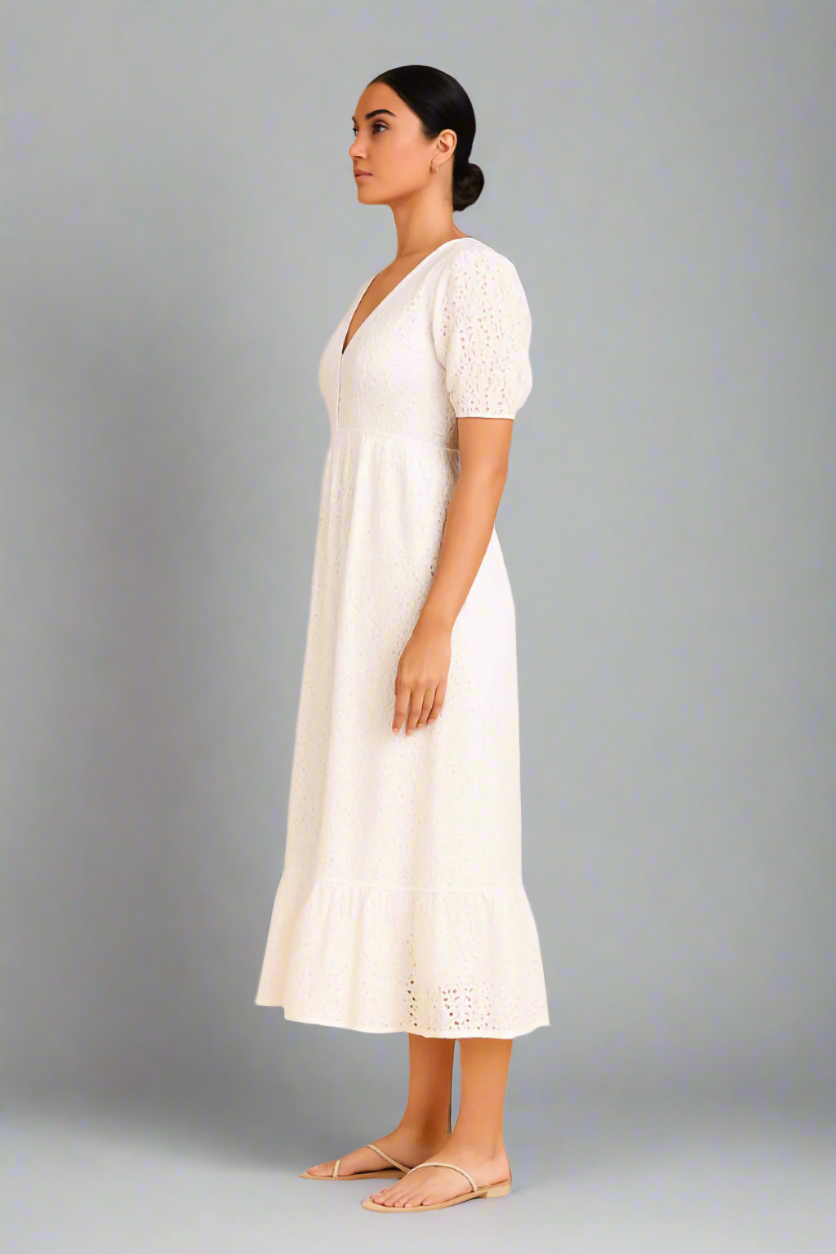Women's Embroidered Schiffli Puff Sleeve A-Line Midi Dress
