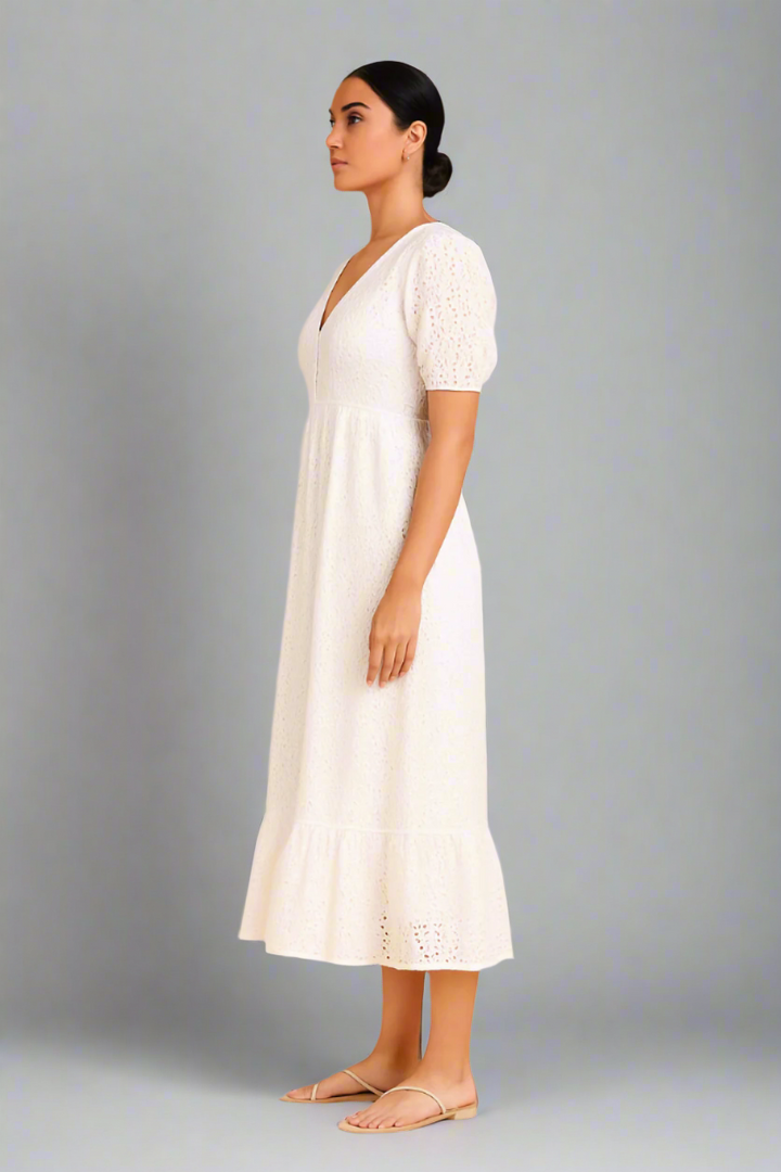 Women's Embroidered Schiffli Puff Sleeve A-Line Midi Dress