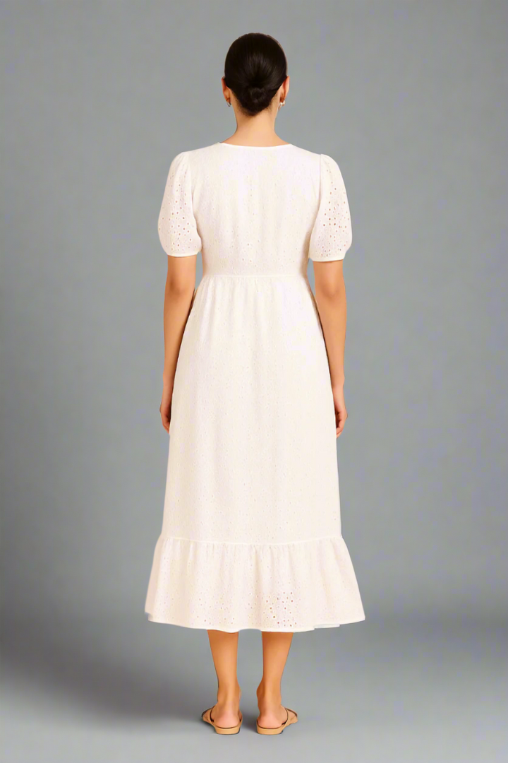 Women's Embroidered Schiffli Puff Sleeve A-Line Midi Dress