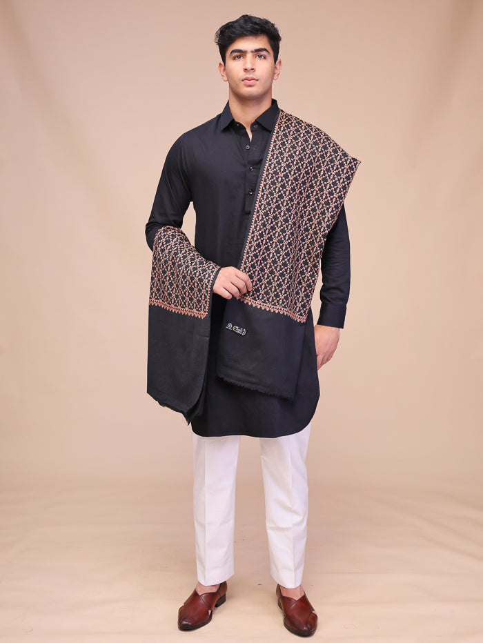 Men's Black Embroidered Wool Shawl