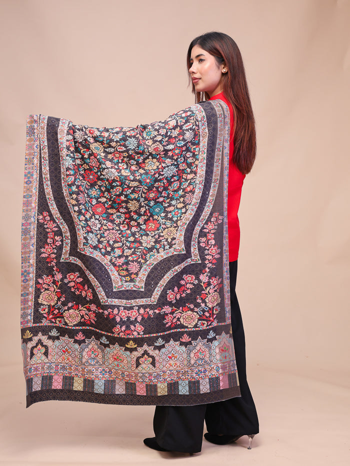 Women's Kalamkari Printed and Embroidered Wool Shawl