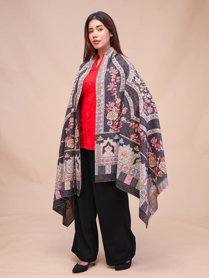 Women's Kalamkari Printed and Embroidered Wool Shawl