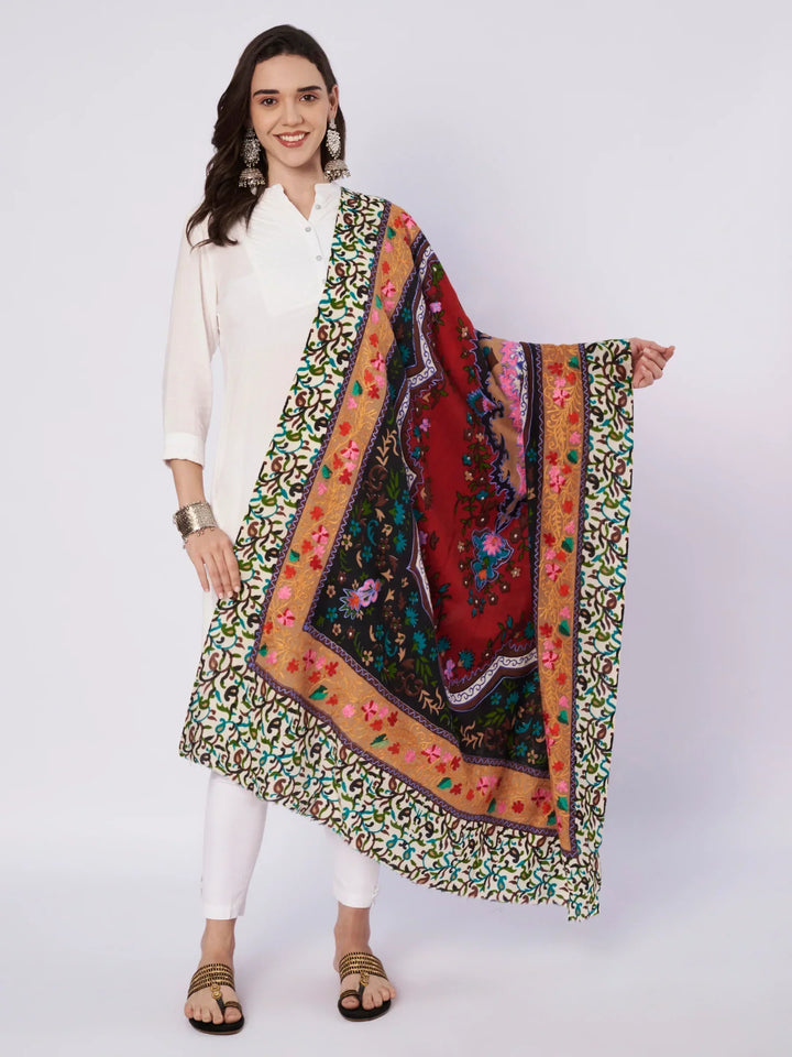 Kashmiri Aari embroidery pure wool shawl for women — vibrant floral hand-embroidered design
