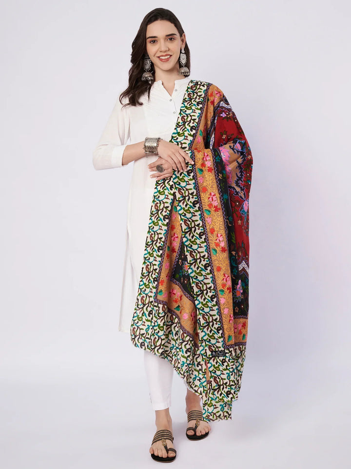 Woman draped in Kashmiri Aari embroidery wool shawl — full-length styling view