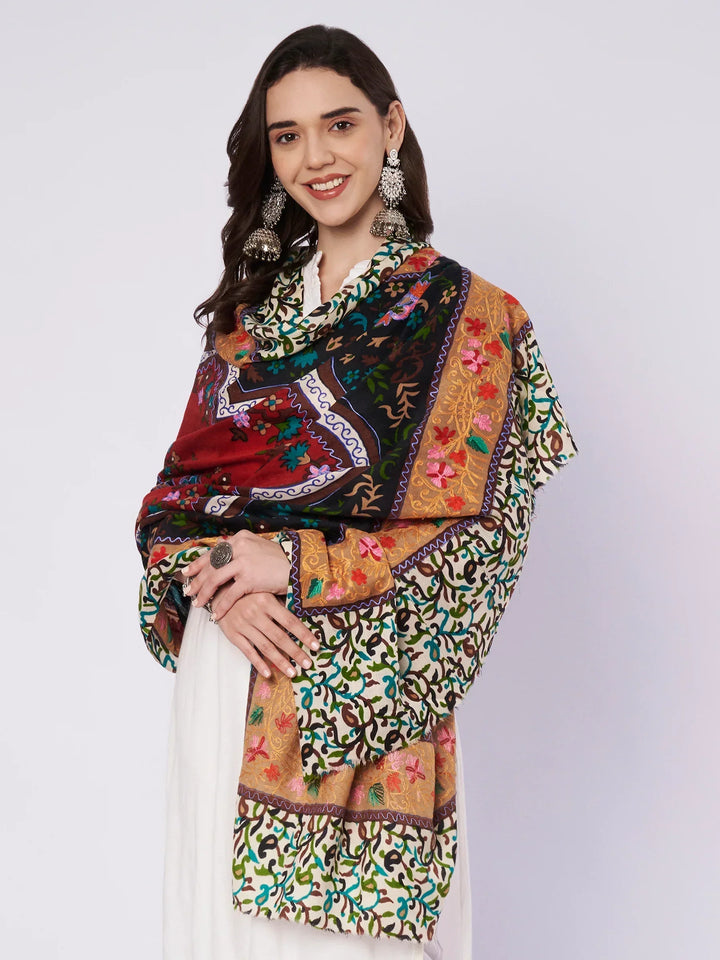 Woman draped in Kashmiri Aari embroidery wool shawl — full-length styling view
