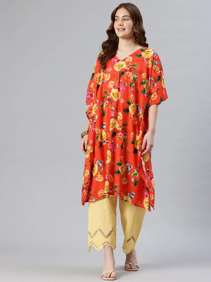 Multicolour embroidered pure cotton kaftan kurta with yellow embroidered palazzo — women's free size | SWI Stylish