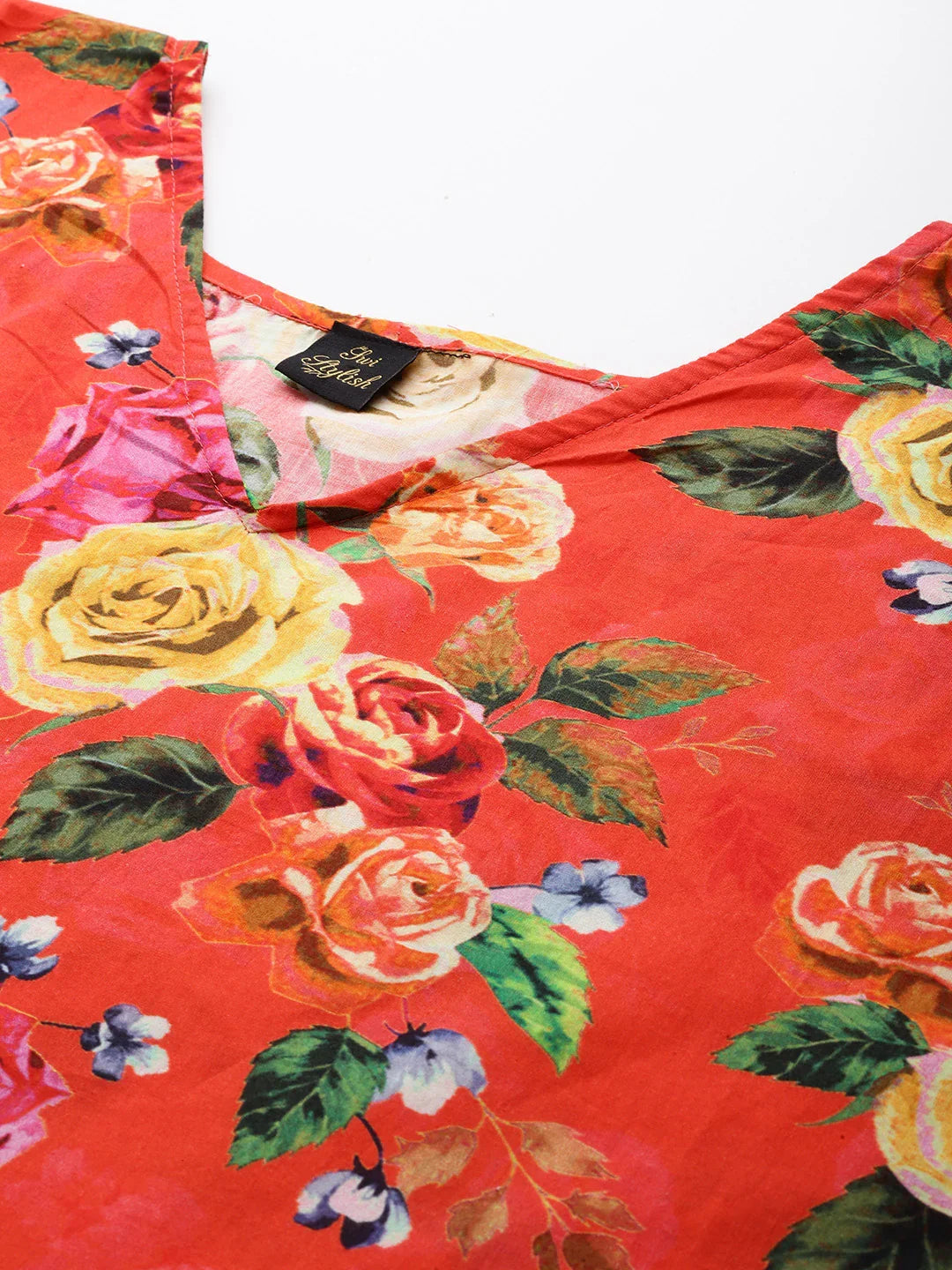 Multicolour embroidered kaftan kurta front view — vibrant thread work on neckline and hem | SWI Stylish