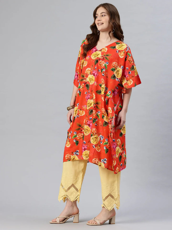 Multicolour embroidered kaftan kurta side view — relaxed silhouette with yellow palazzo | SWI Stylish