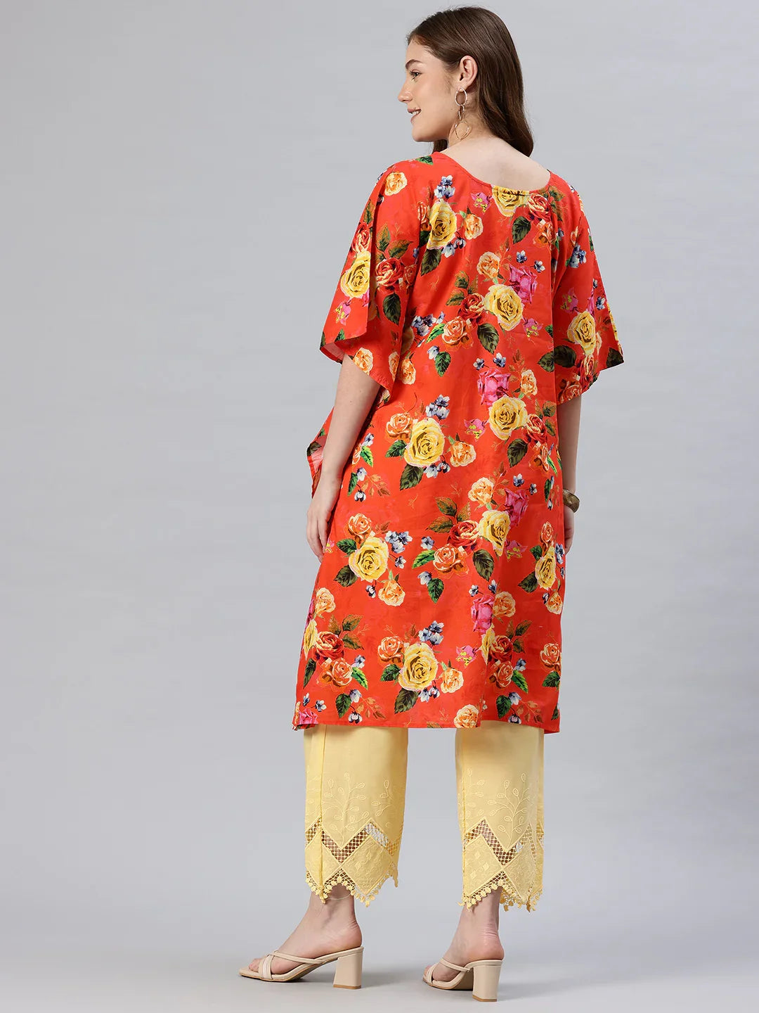 Multicolour kaftan kurta back view — intricate thread embroidery hem detail SWI Stylish 