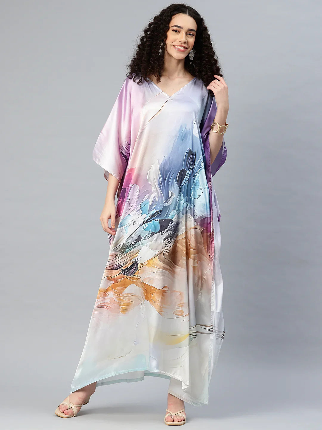 Multicolour printed long satin kaftan V-neck design 2 — women's vibrant beach cover-up free size