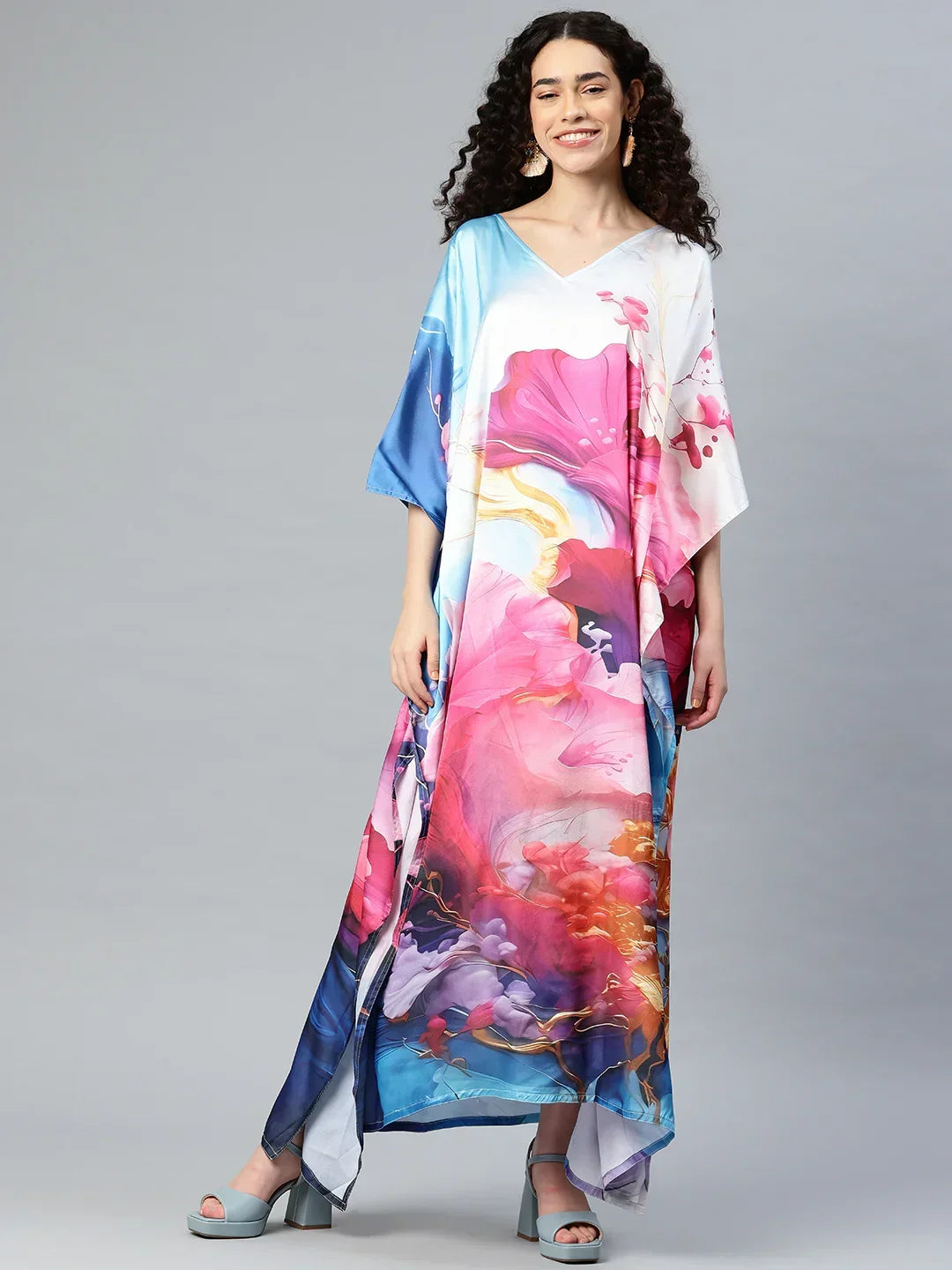 Multicolour printed long satin kaftan V-neck design 4 — women's vibrant beach cover-up free size
