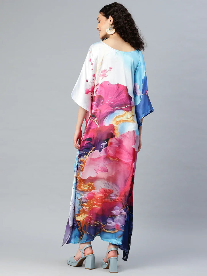 Women's multicolour satin kaftan design 4 back view — printed kaftan SWI Stylish India